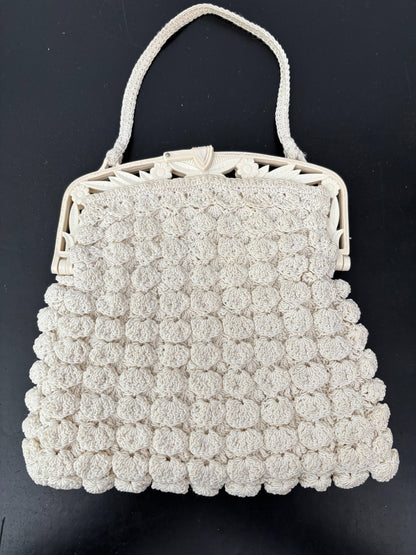 1930s/40s Popcorn Crochet Evening Bag With Carved Plastic Frame