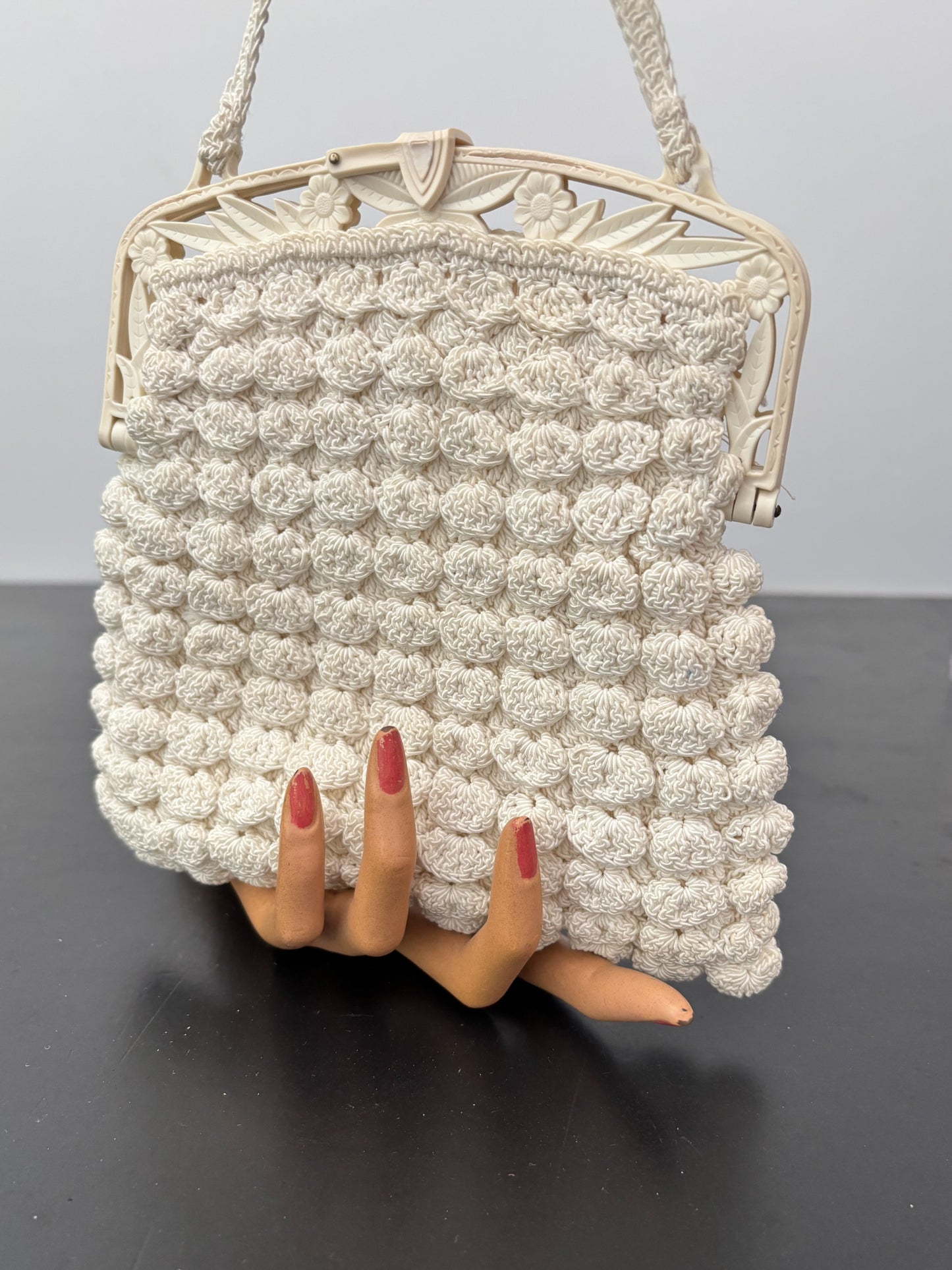1930s/40s Popcorn Crochet Evening Bag With Carved Plastic Frame