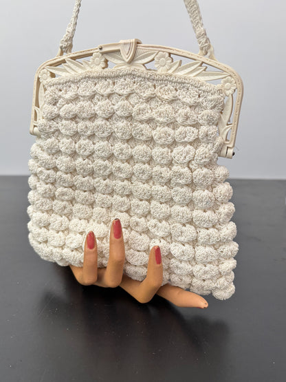 1930s/40s Popcorn Crochet Evening Bag With Carved Plastic Frame