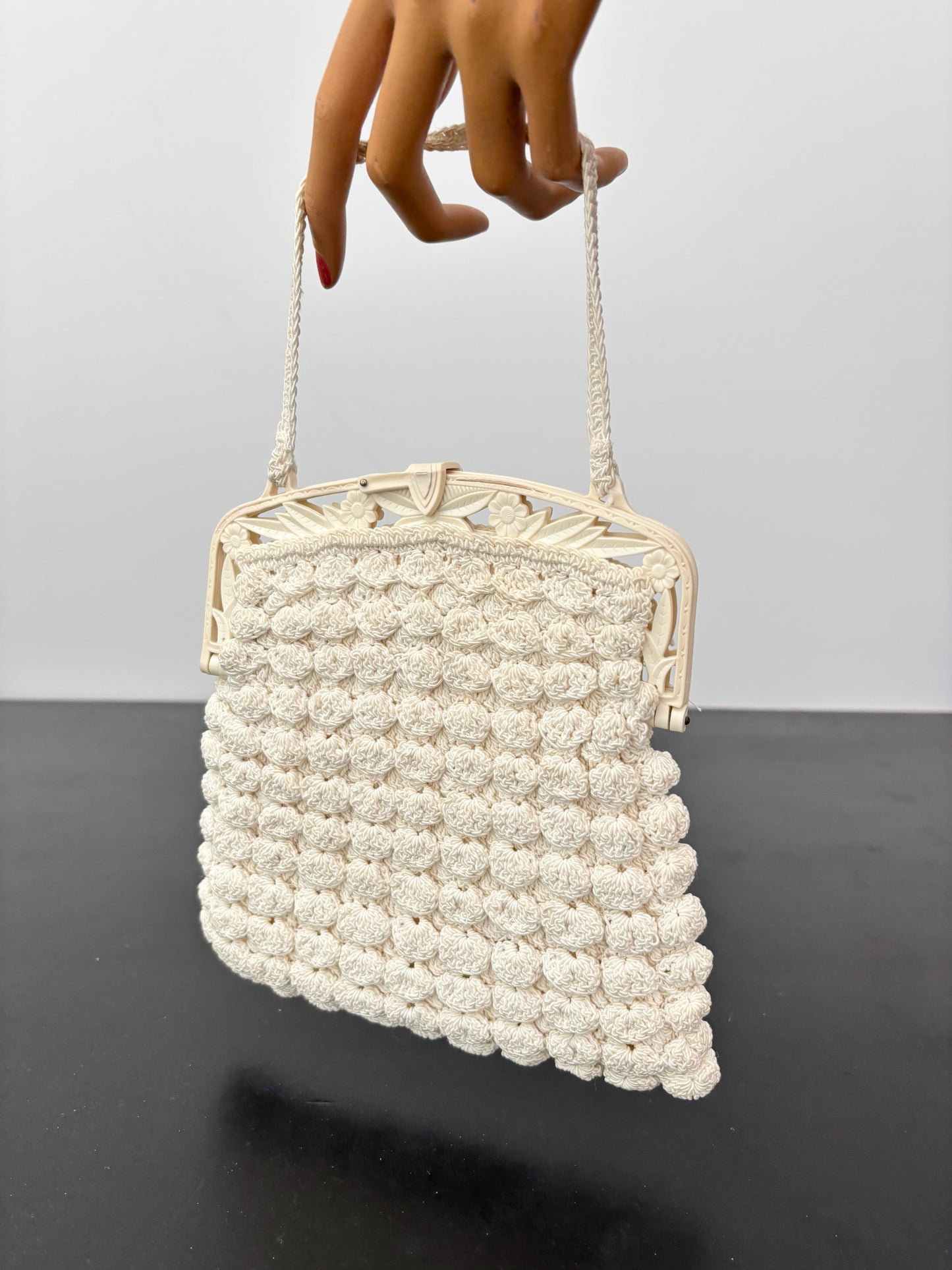 1930s/40s Popcorn Crochet Evening Bag With Carved Plastic Frame