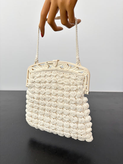 1930s/40s Popcorn Crochet Evening Bag With Carved Plastic Frame