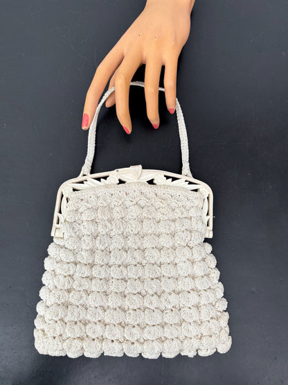 1930s/40s Popcorn Crochet Evening Bag With Carved Plastic Frame