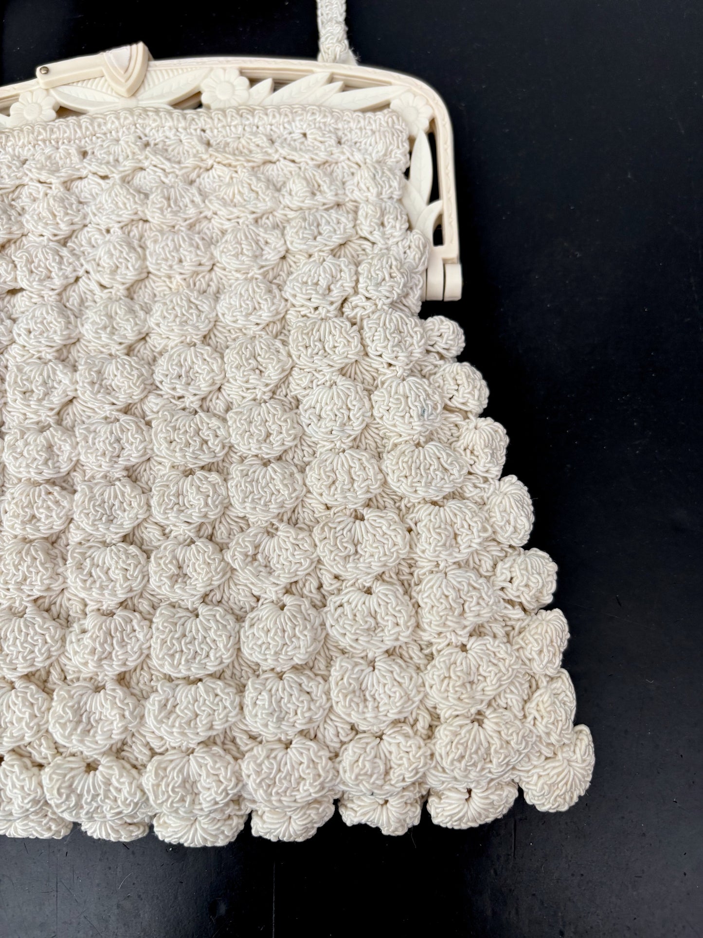 1930s/40s Popcorn Crochet Evening Bag With Carved Plastic Frame