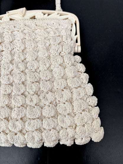 1930s/40s Popcorn Crochet Evening Bag With Carved Plastic Frame