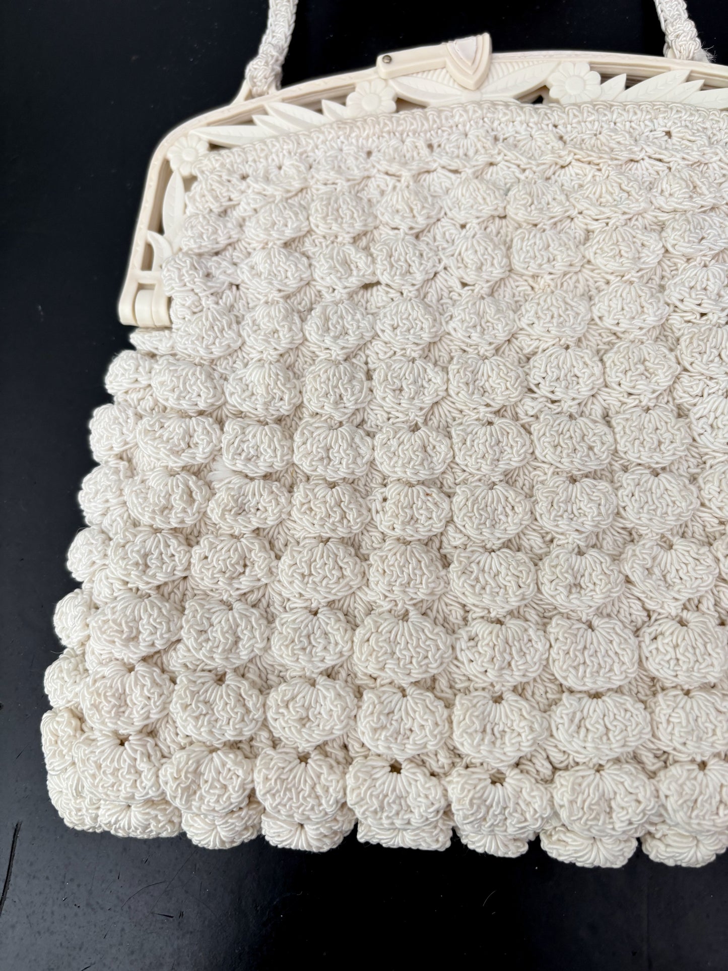 1930s/40s Popcorn Crochet Evening Bag With Carved Plastic Frame