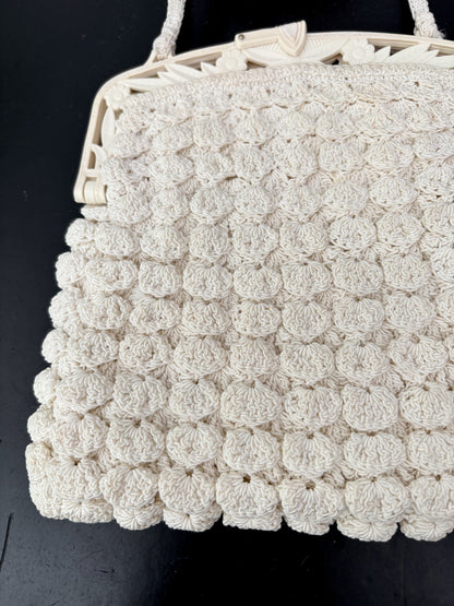 1930s/40s Popcorn Crochet Evening Bag With Carved Plastic Frame