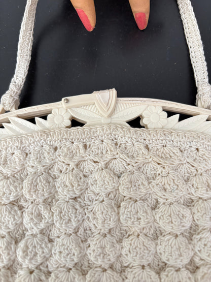 1930s/40s Popcorn Crochet Evening Bag With Carved Plastic Frame