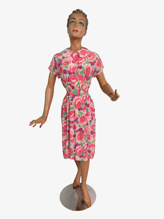 L | 1950s/60s Floral Crepe Dress With Peter Pan Collar
