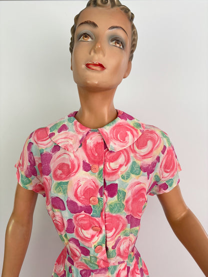 L | 1950s/60s Floral Crepe Dress With Peter Pan Collar