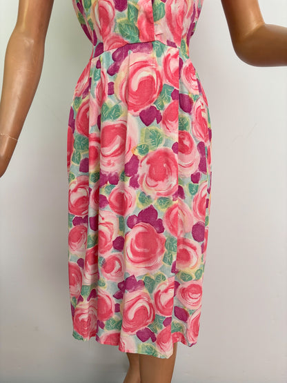 L | 1950s/60s Floral Crepe Dress With Peter Pan Collar