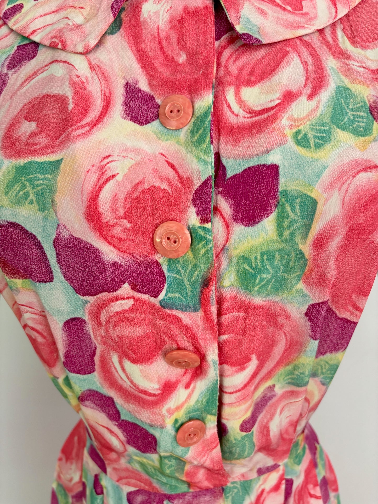 L | 1950s/60s Floral Crepe Dress With Peter Pan Collar