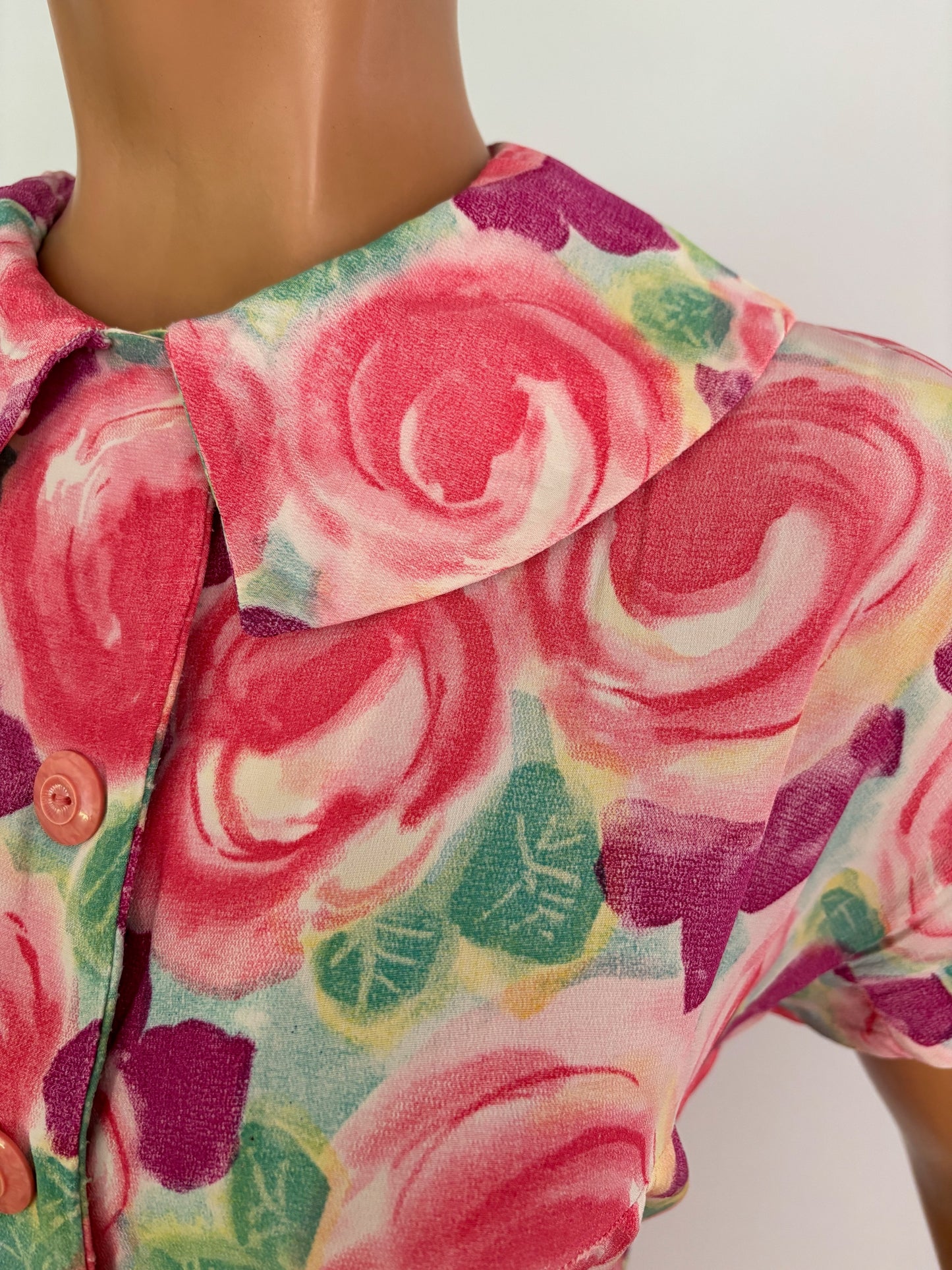 L | 1950s/60s Floral Crepe Dress With Peter Pan Collar