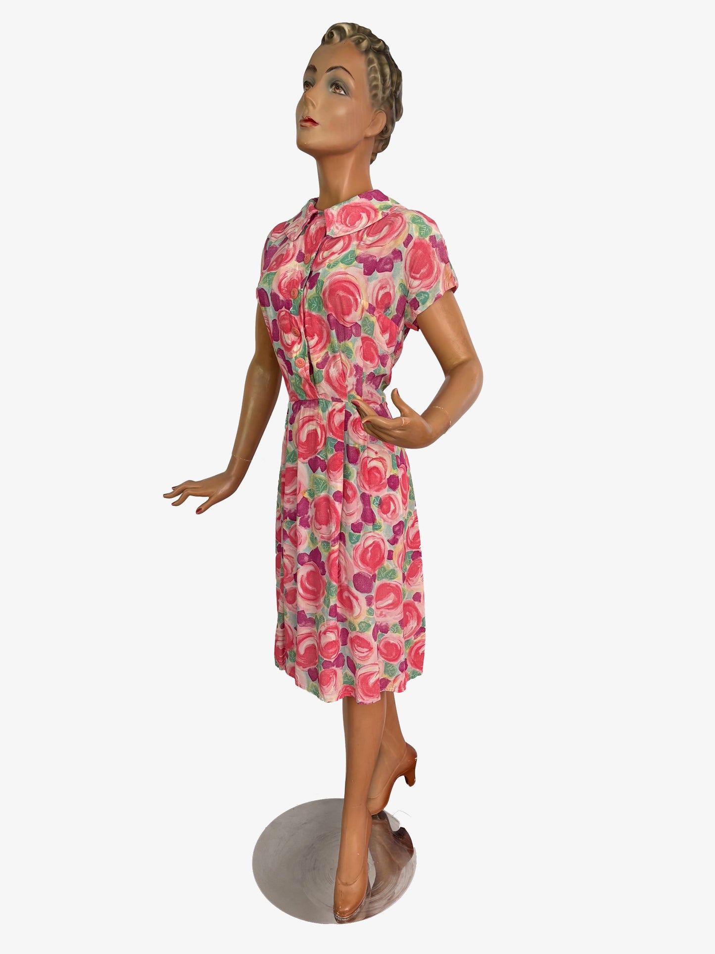 L | 1950s/60s Floral Crepe Dress With Peter Pan Collar