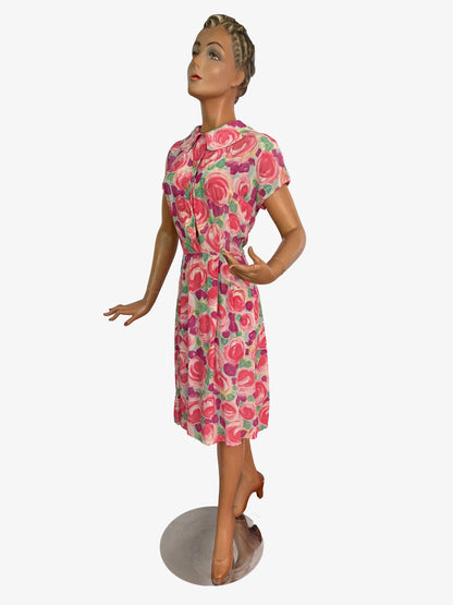 L | 1950s/60s Floral Crepe Dress With Peter Pan Collar
