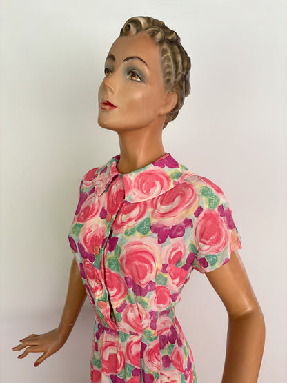 L | 1950s/60s Floral Crepe Dress With Peter Pan Collar