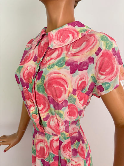 L | 1950s/60s Floral Crepe Dress With Peter Pan Collar