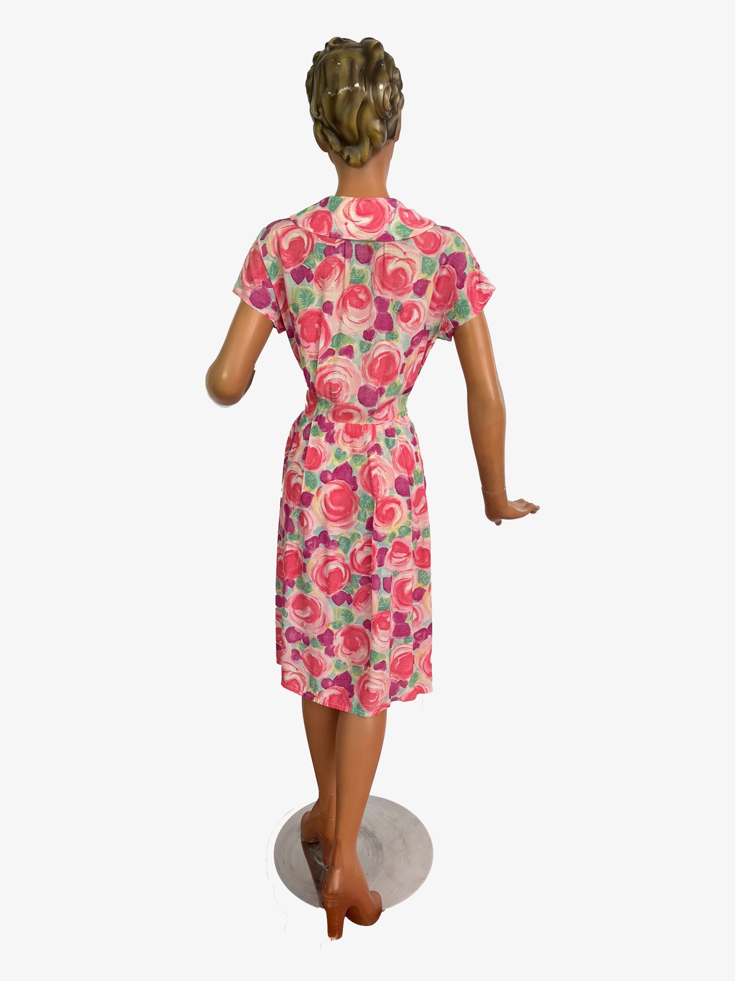 L | 1950s/60s Floral Crepe Dress With Peter Pan Collar