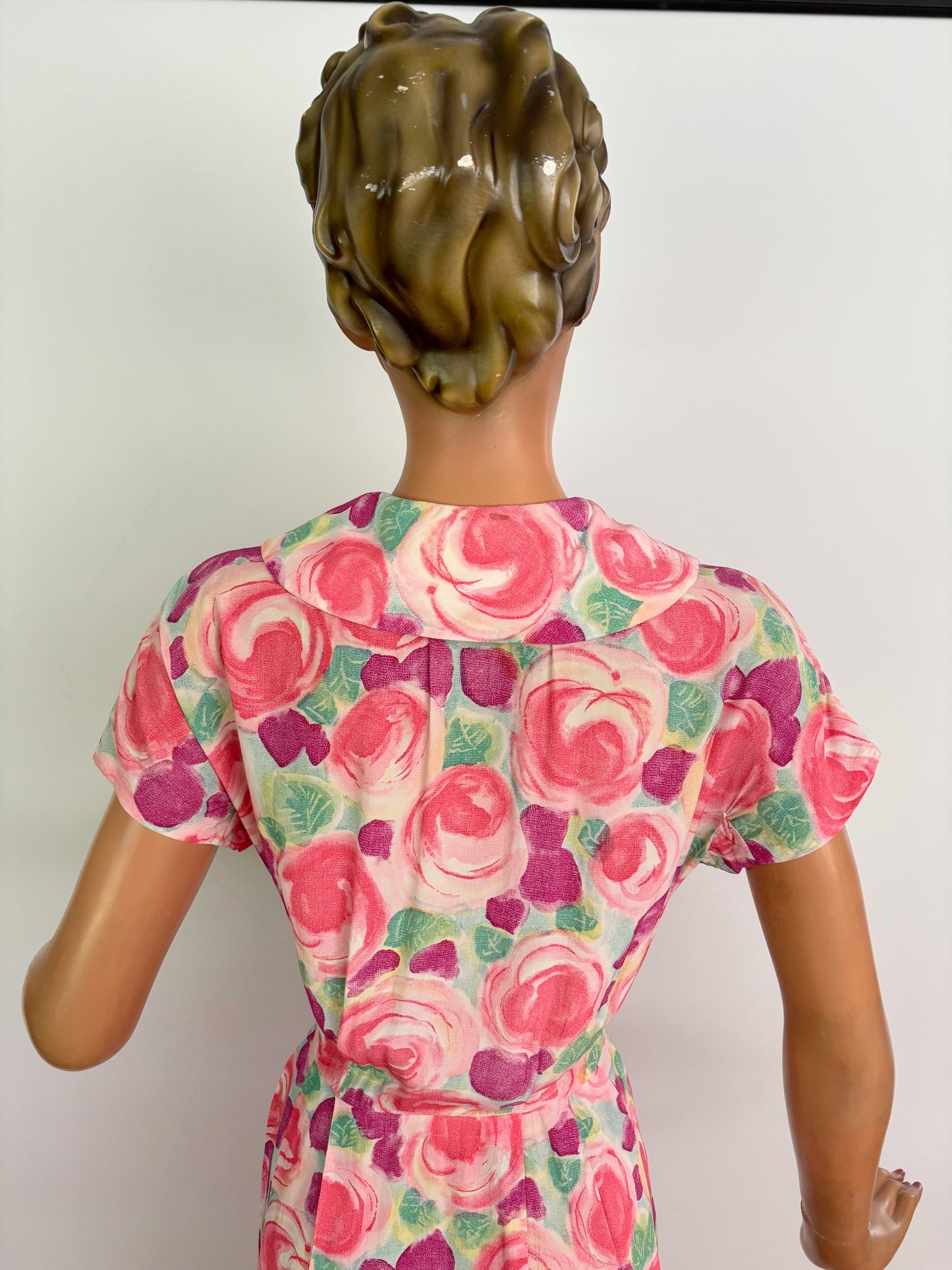 L | 1950s/60s Floral Crepe Dress With Peter Pan Collar