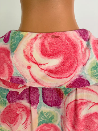 L | 1950s/60s Floral Crepe Dress With Peter Pan Collar
