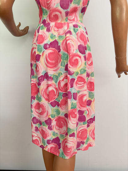 L | 1950s/60s Floral Crepe Dress With Peter Pan Collar