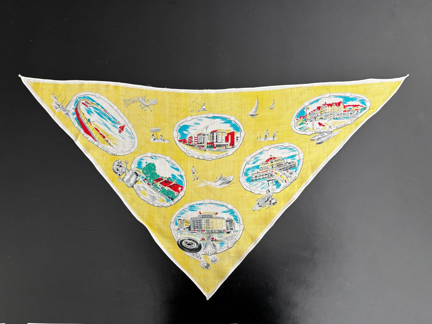 Vintage 1950s Belgium Seaside Triangular Tourist Scarf Yellow