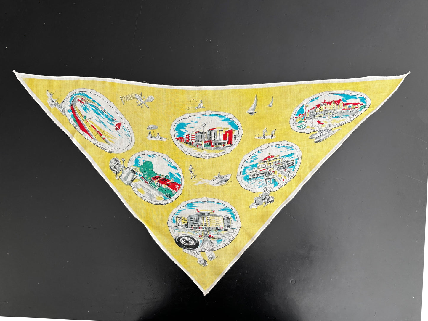 Vintage 1950s Belgium Seaside Triangular Tourist Scarf Yellow