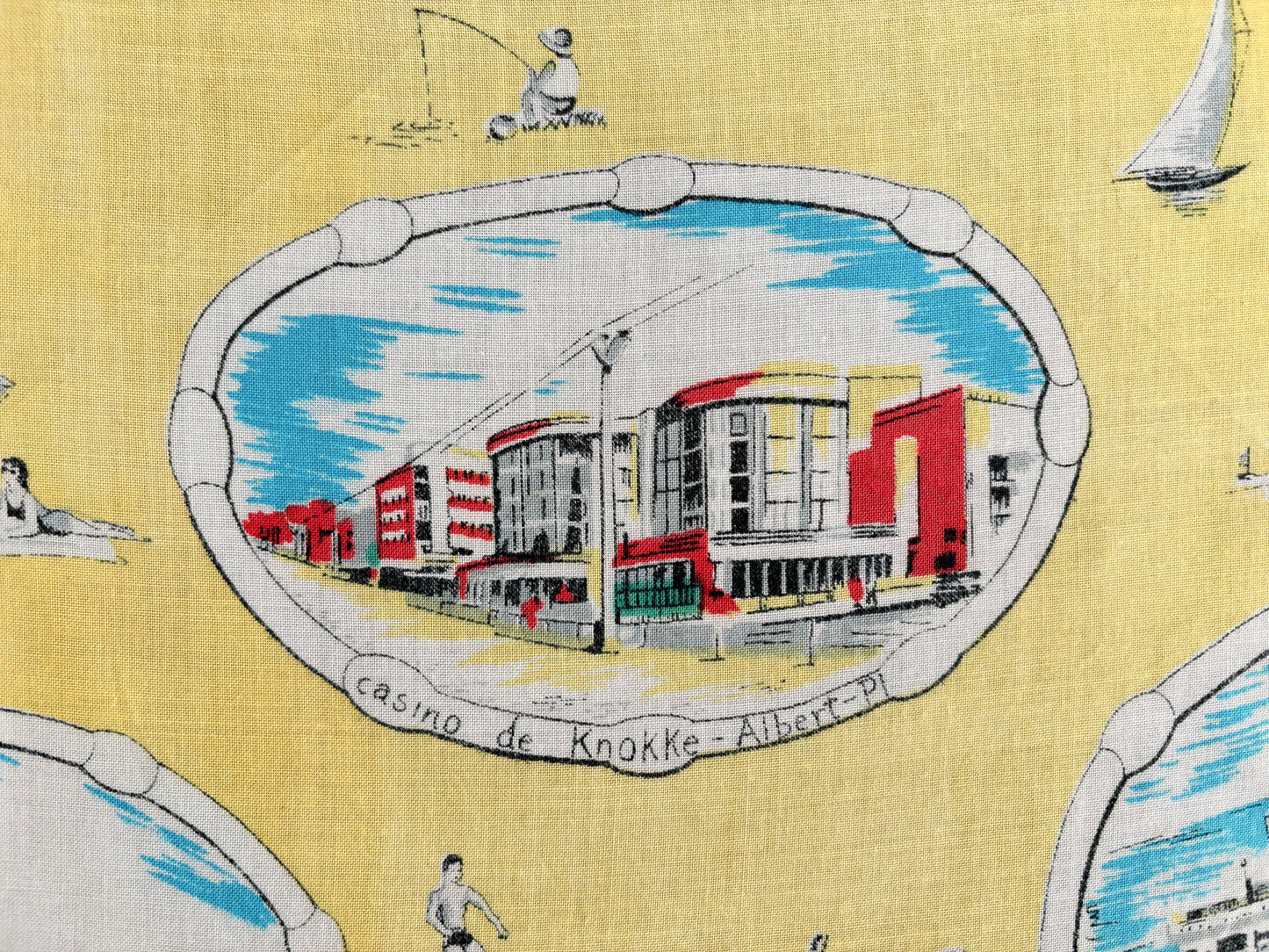 Vintage 1950s Belgium Seaside Triangular Tourist Scarf Yellow