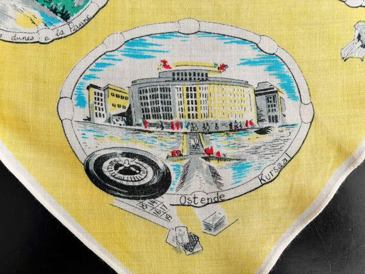 Vintage 1950s Belgium Seaside Triangular Tourist Scarf Yellow