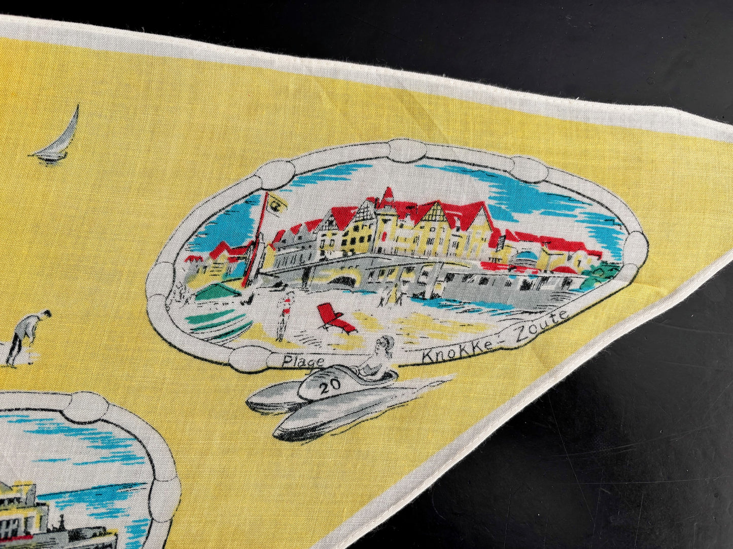 Vintage 1950s Belgium Seaside Triangular Tourist Scarf Yellow