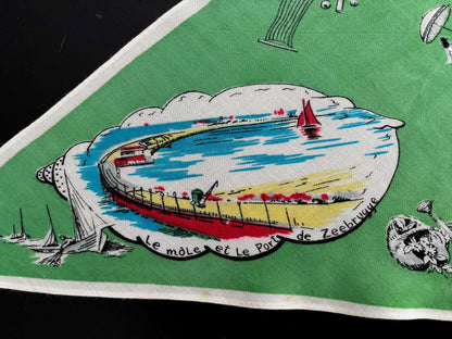 Vintage 1950s Belgium Seaside Triangular Tourist Scarf Green