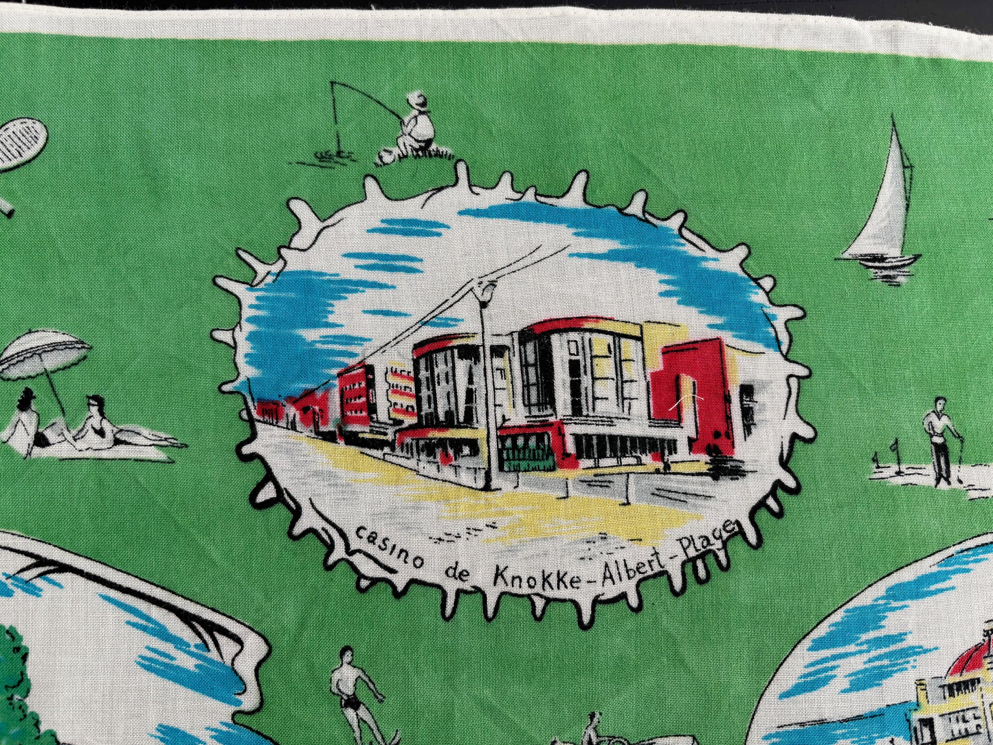 Vintage 1950s Belgium Seaside Triangular Tourist Scarf Green