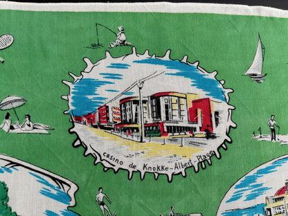 Vintage 1950s Belgium Seaside Triangular Tourist Scarf Green