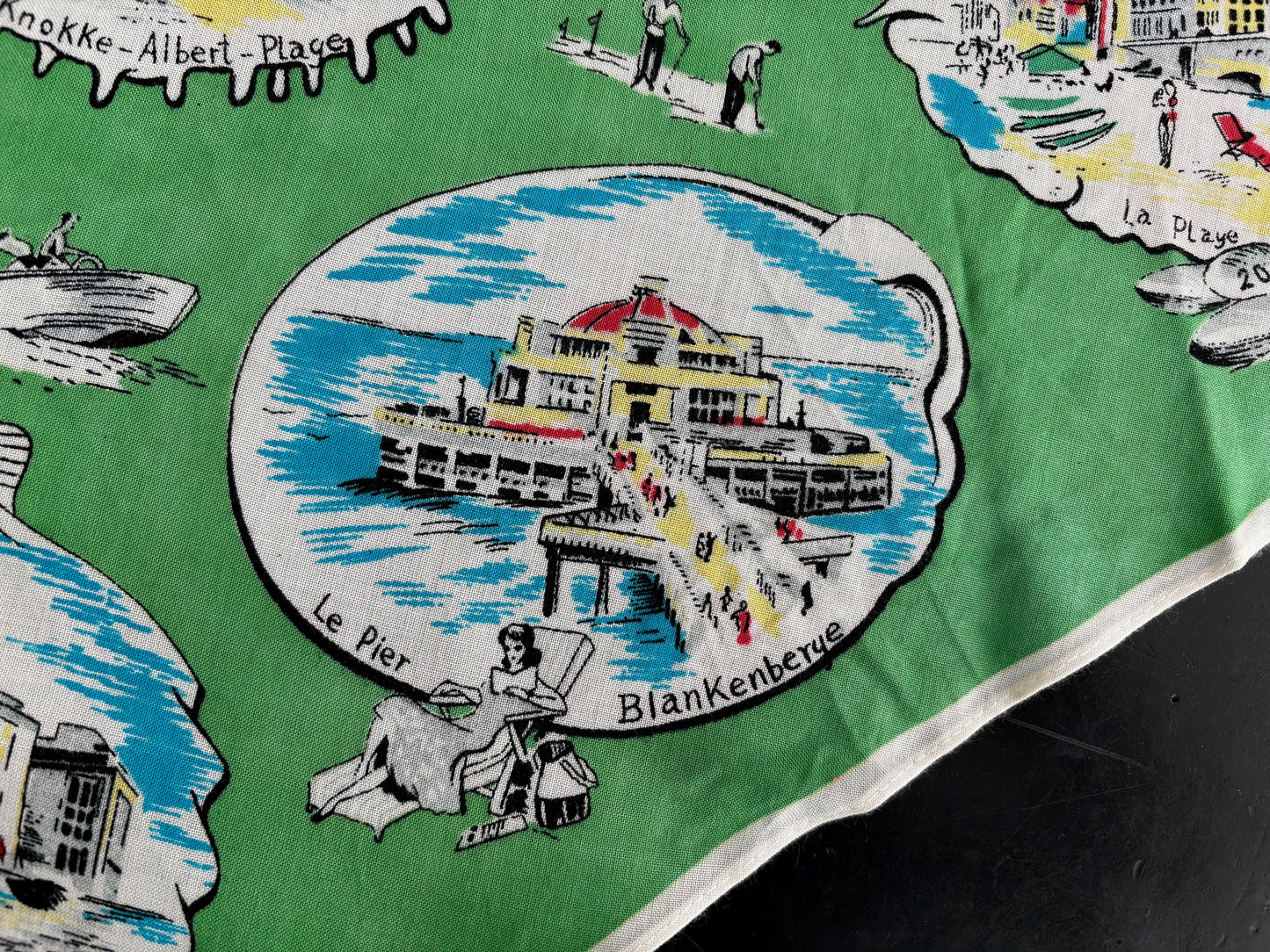 Vintage 1950s Belgium Seaside Triangular Tourist Scarf Green