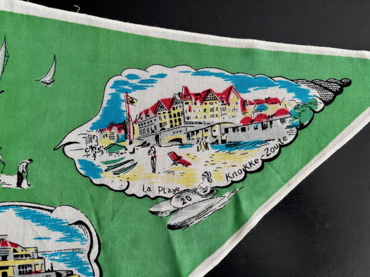Vintage 1950s Belgium Seaside Triangular Tourist Scarf Green