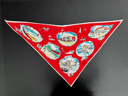 Vintage 1950s Belgium Seaside Triangular Tourist Scarf Red