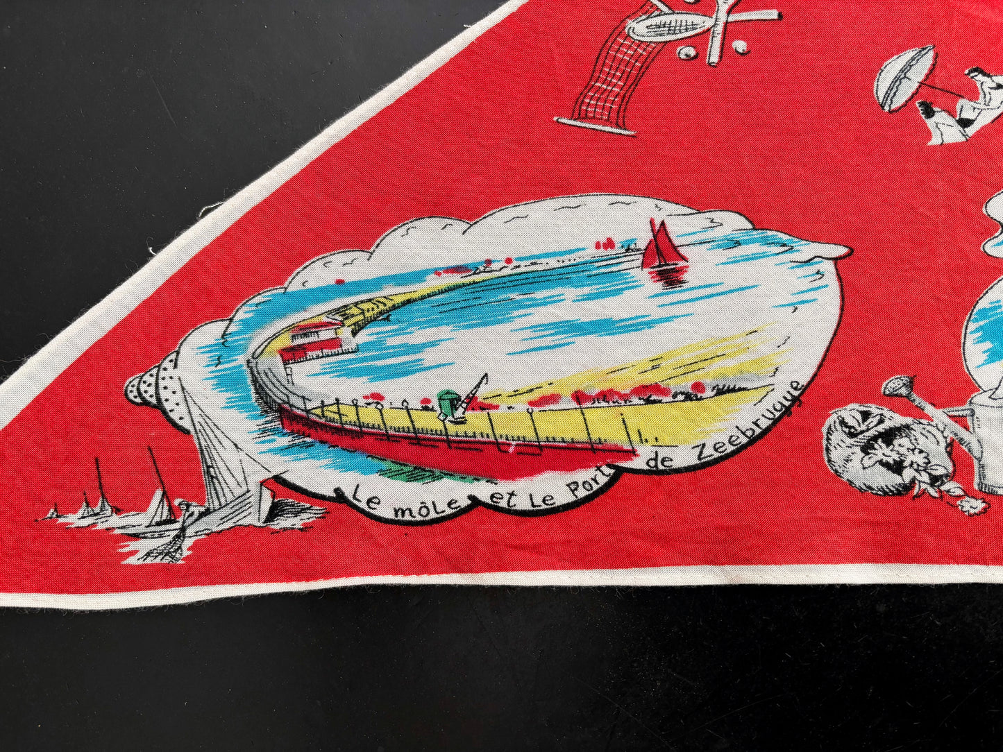 Vintage 1950s Belgium Seaside Triangular Tourist Scarf Red