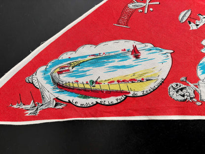Vintage 1950s Belgium Seaside Triangular Tourist Scarf Red
