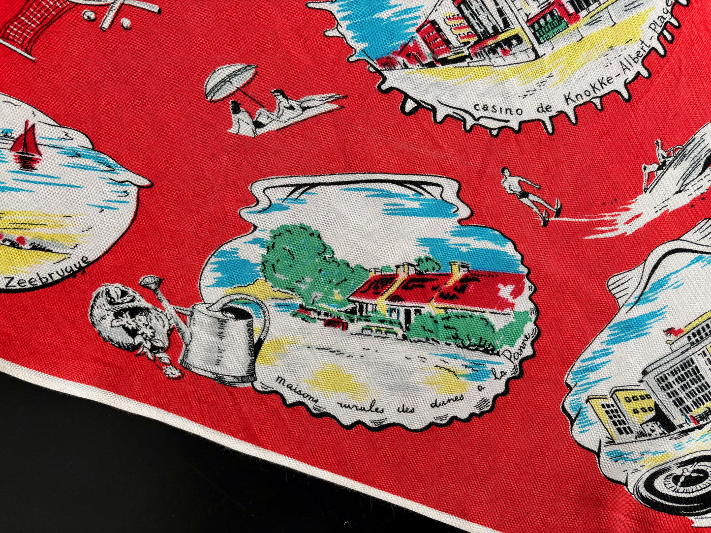 Vintage 1950s Belgium Seaside Triangular Tourist Scarf Red