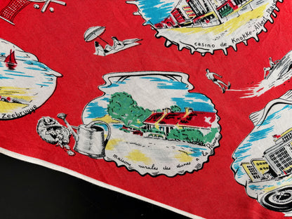 Vintage 1950s Belgium Seaside Triangular Tourist Scarf Red