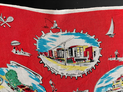 Vintage 1950s Belgium Seaside Triangular Tourist Scarf Red