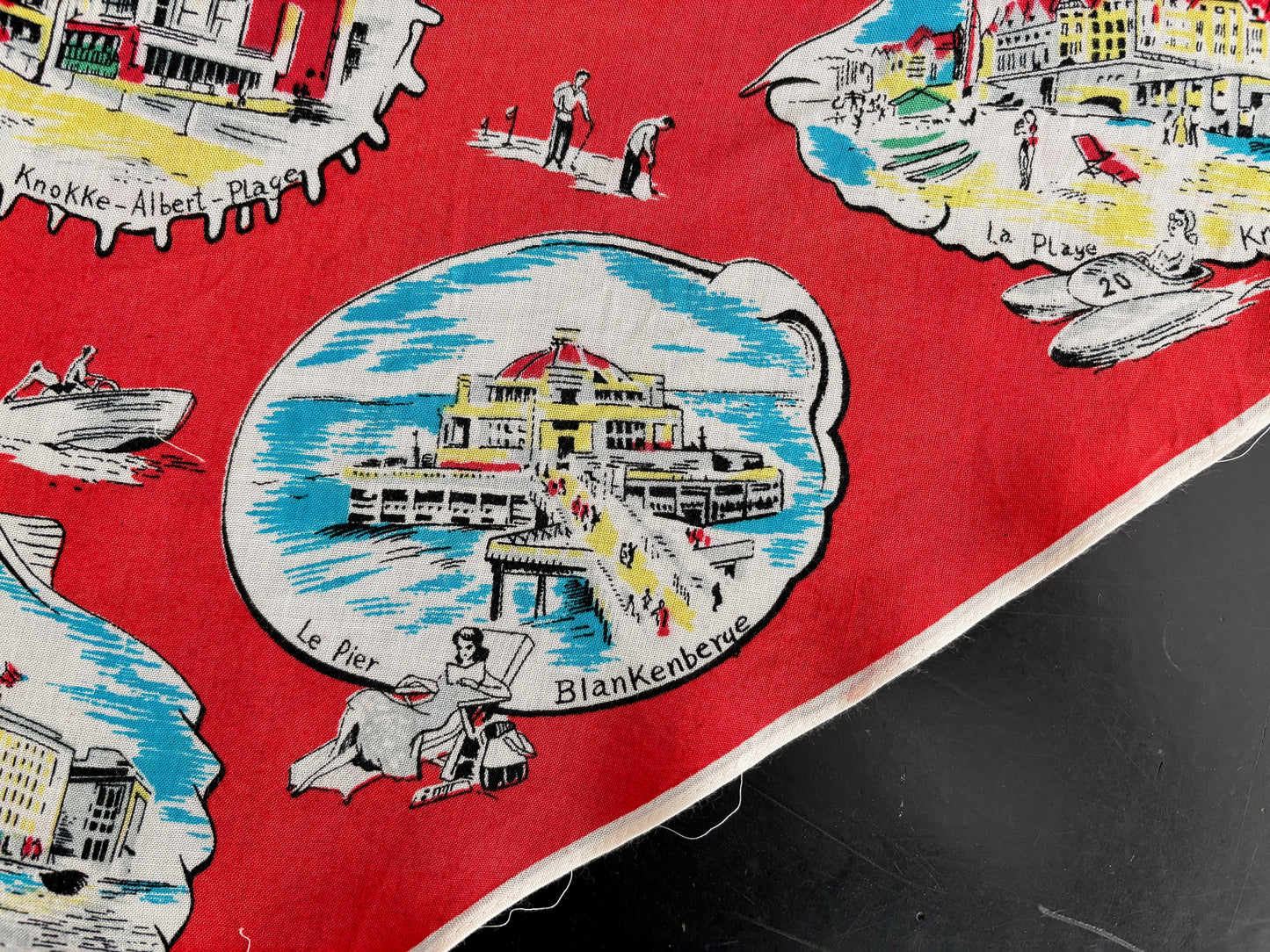 Vintage 1950s Belgium Seaside Triangular Tourist Scarf Red
