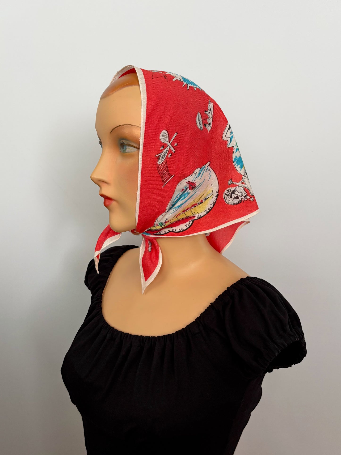 Vintage 1950s Belgium Seaside Triangular Tourist Scarf Red