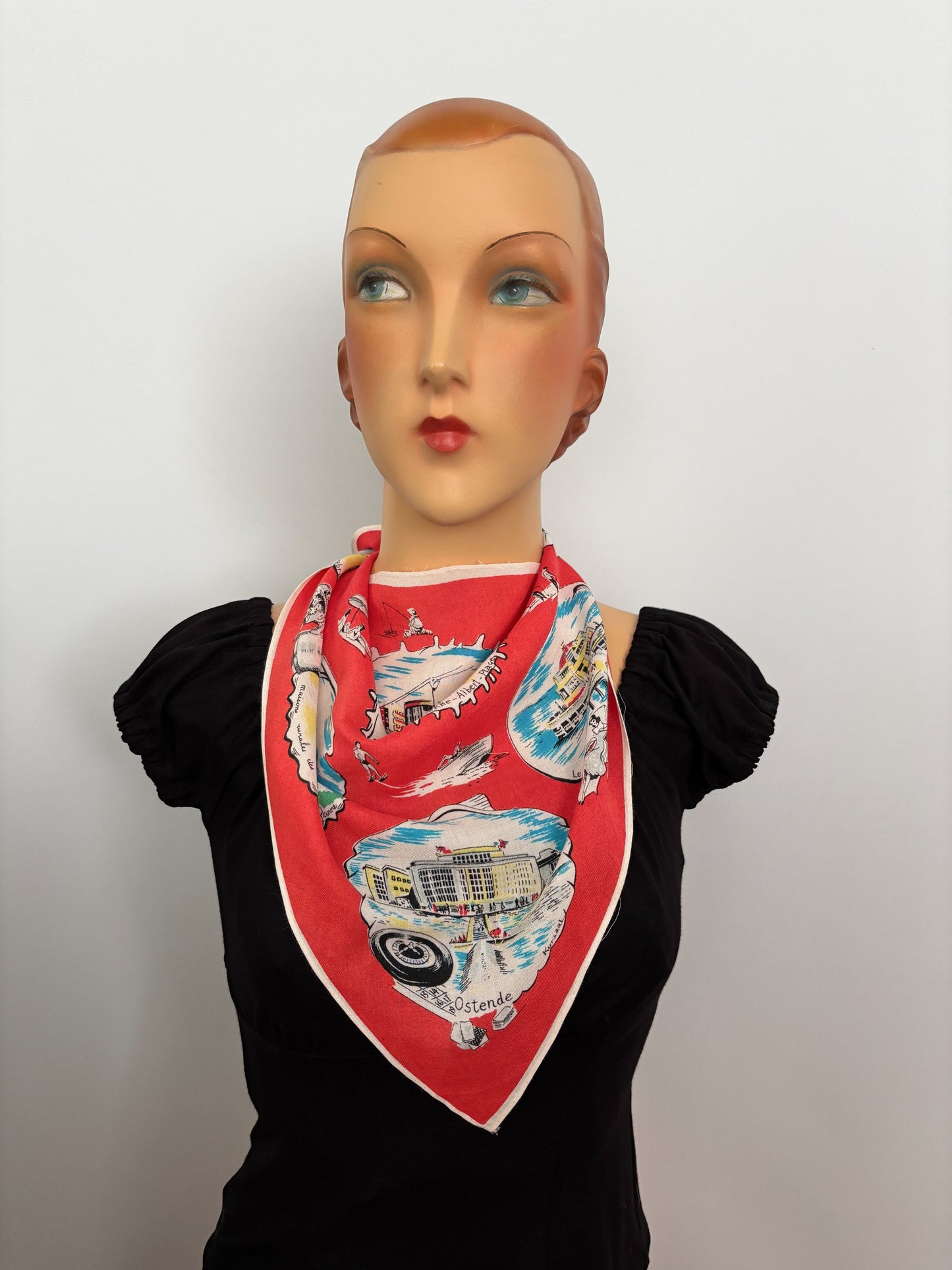 Vintage 1950s Belgium Seaside Triangular Tourist Scarf Red