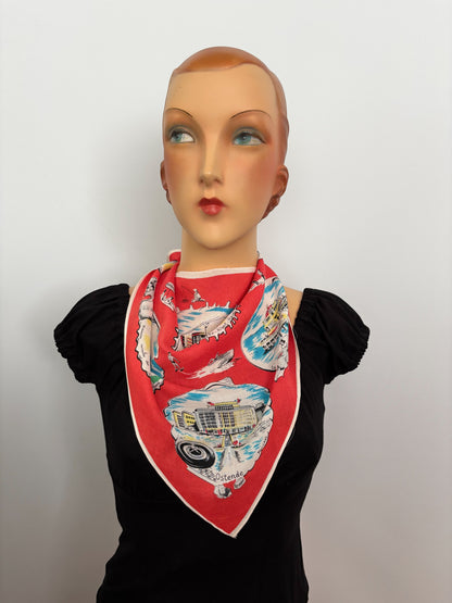 Vintage 1950s Belgium Seaside Triangular Tourist Scarf Red