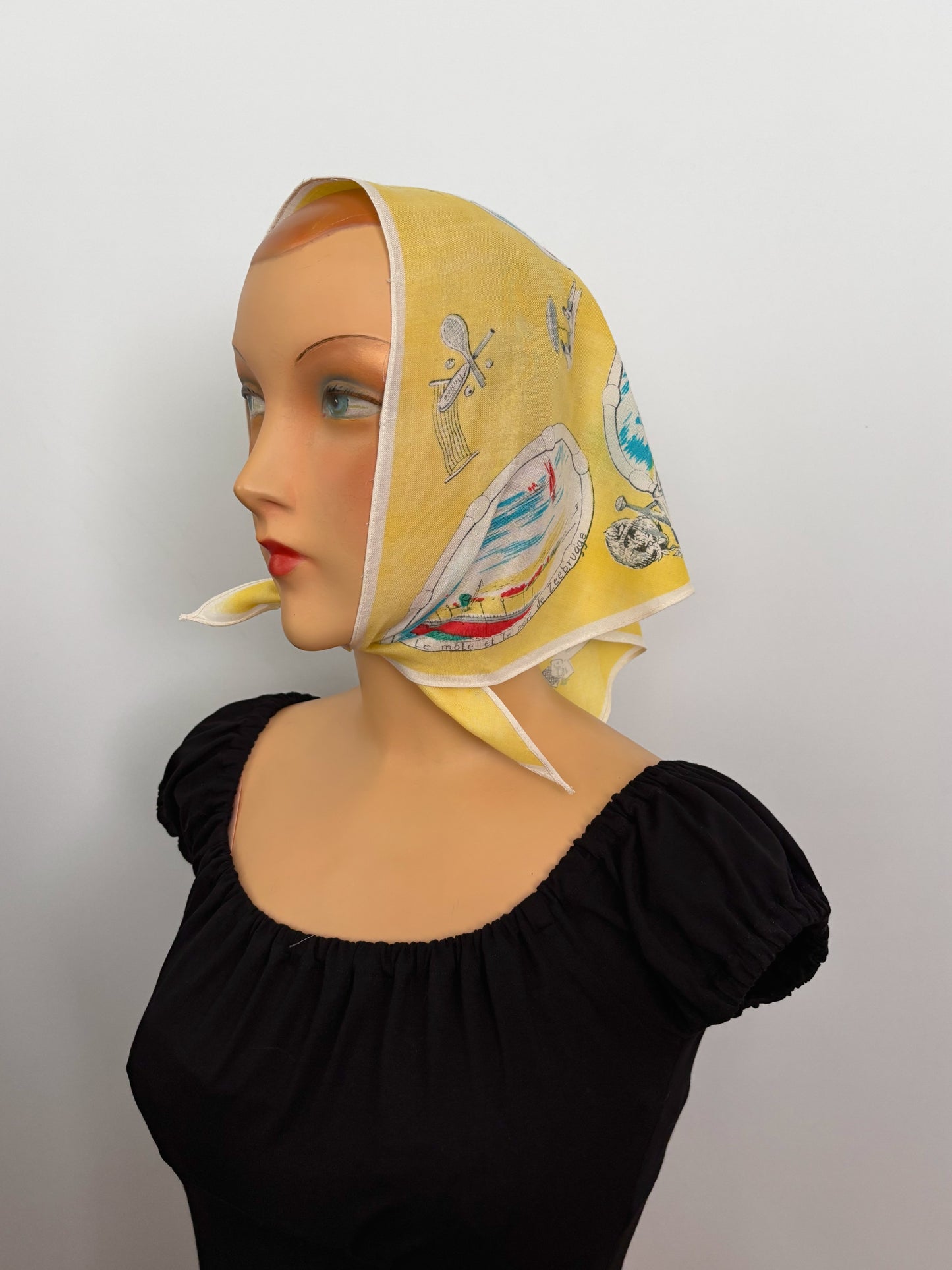 Vintage 1950s Belgium Seaside Triangular Tourist Scarf Yellow