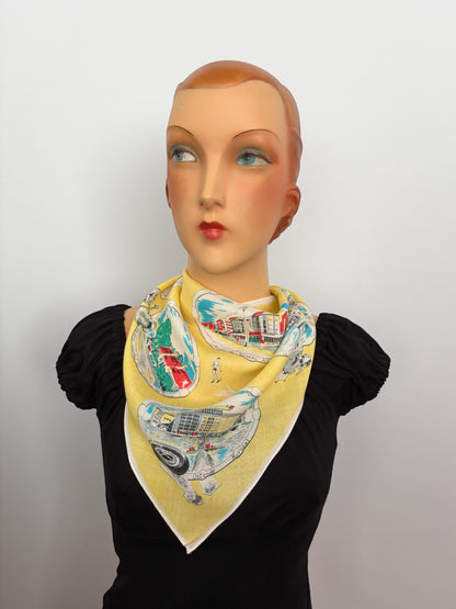 Vintage 1950s Belgium Seaside Triangular Tourist Scarf Yellow