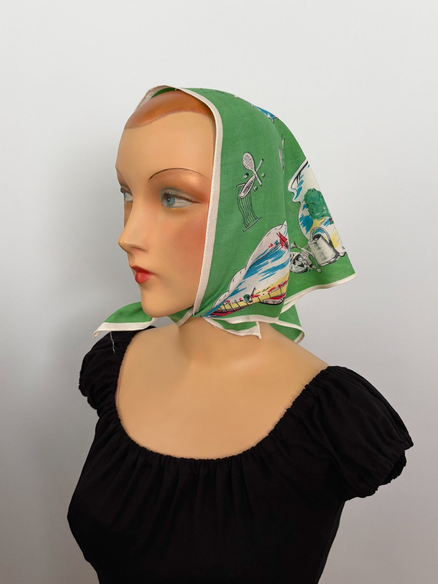 Vintage 1950s Belgium Seaside Triangular Tourist Scarf Green