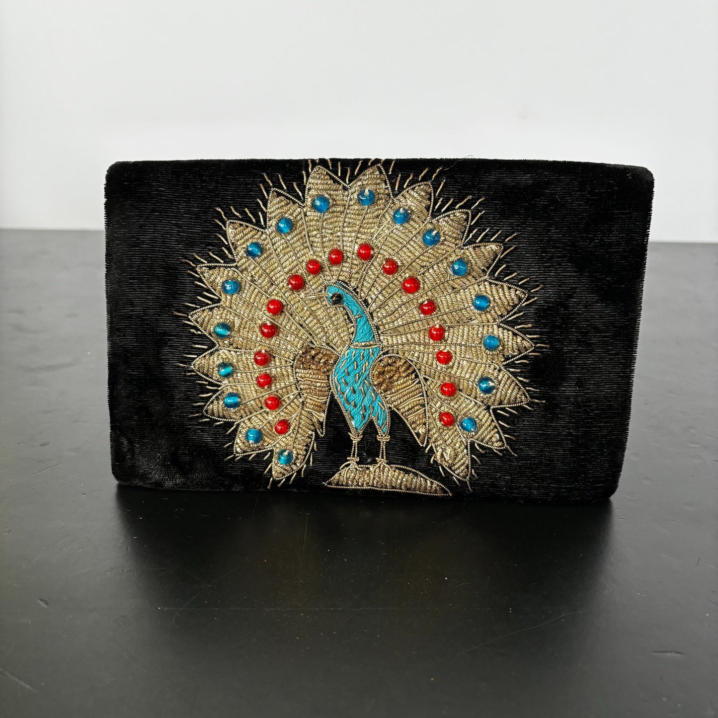 1950s Metal Gold Thread Embroidered Peacock Velvet Clutch