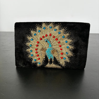 1950s Metal Gold Thread Embroidered Peacock Velvet Clutch