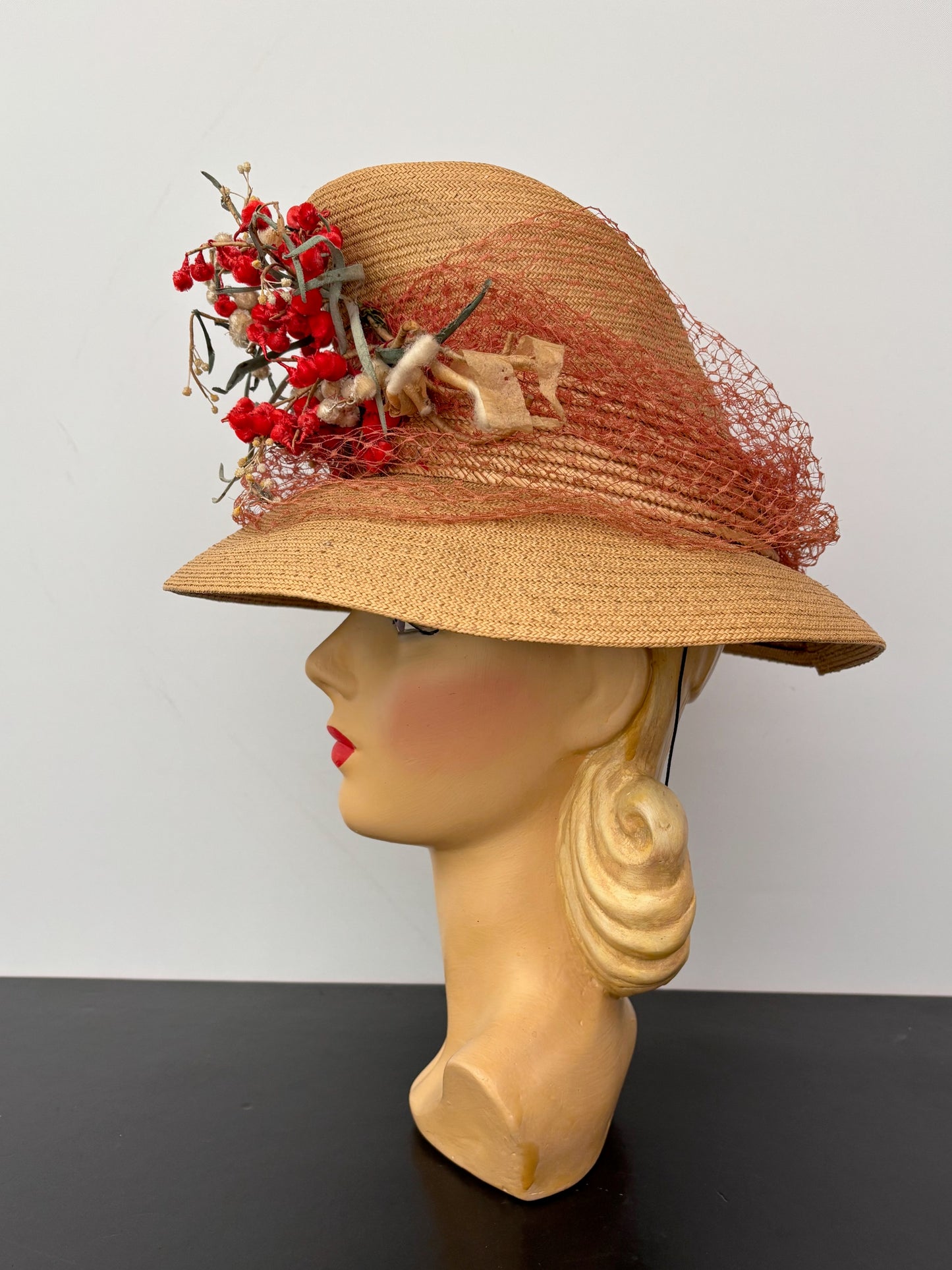 1930s/40s Straw Chimney Hat With Flowers and Veil
